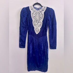 Vintage Rare Gunne Sax Jessica McClintock Blue Velvet Lace Collar Dress Size 3